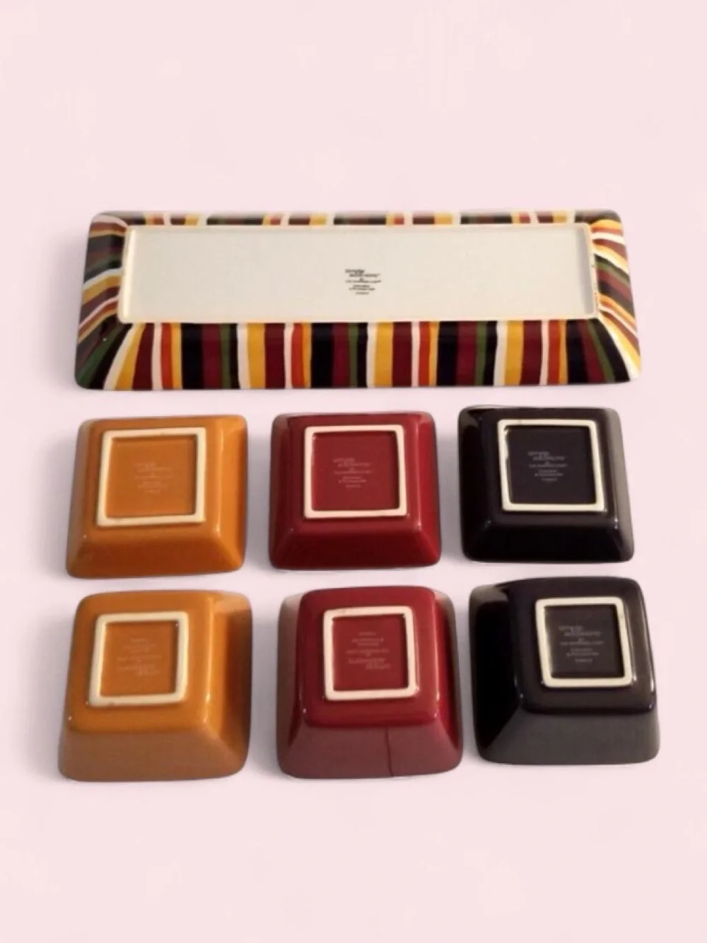 The Pampered Chef Striped Tray with Yellow, Red, Black Dipping Bowls